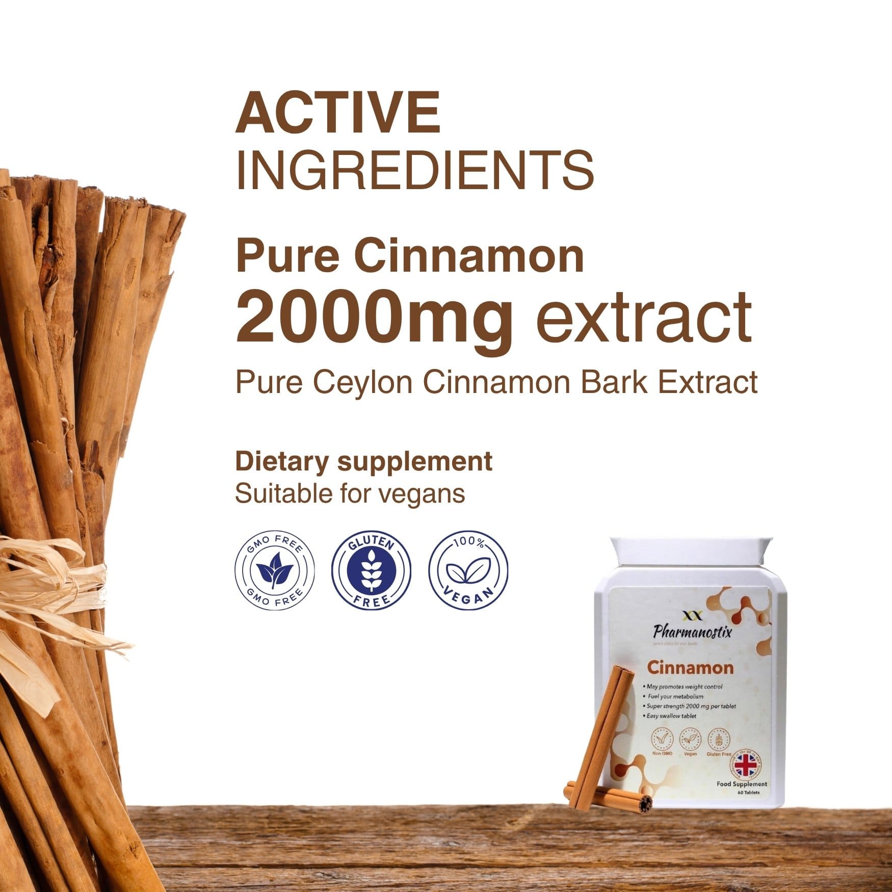 A white plastic bottle of Pharmanostix pure Ceylon Cinnamon 2000mg metabolic support tablets with a cinnamon background