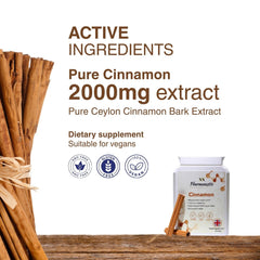 A white plastic bottle of Pharmanostix pure Ceylon Cinnamon 2000mg metabolic support tablets with a cinnamon background