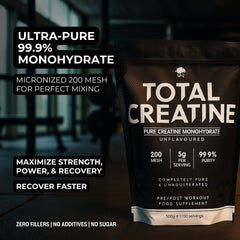Total Creatine supplement package with promotional text on a blurred background, highlighting the benefits of creatine