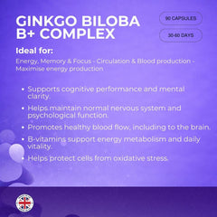 Pharmanostix Ginkgo Biloba with Vitamin B+ Complex 2000 mg | 90 Vegan Capsules, Supports Memory, Circulation & Mental Energy