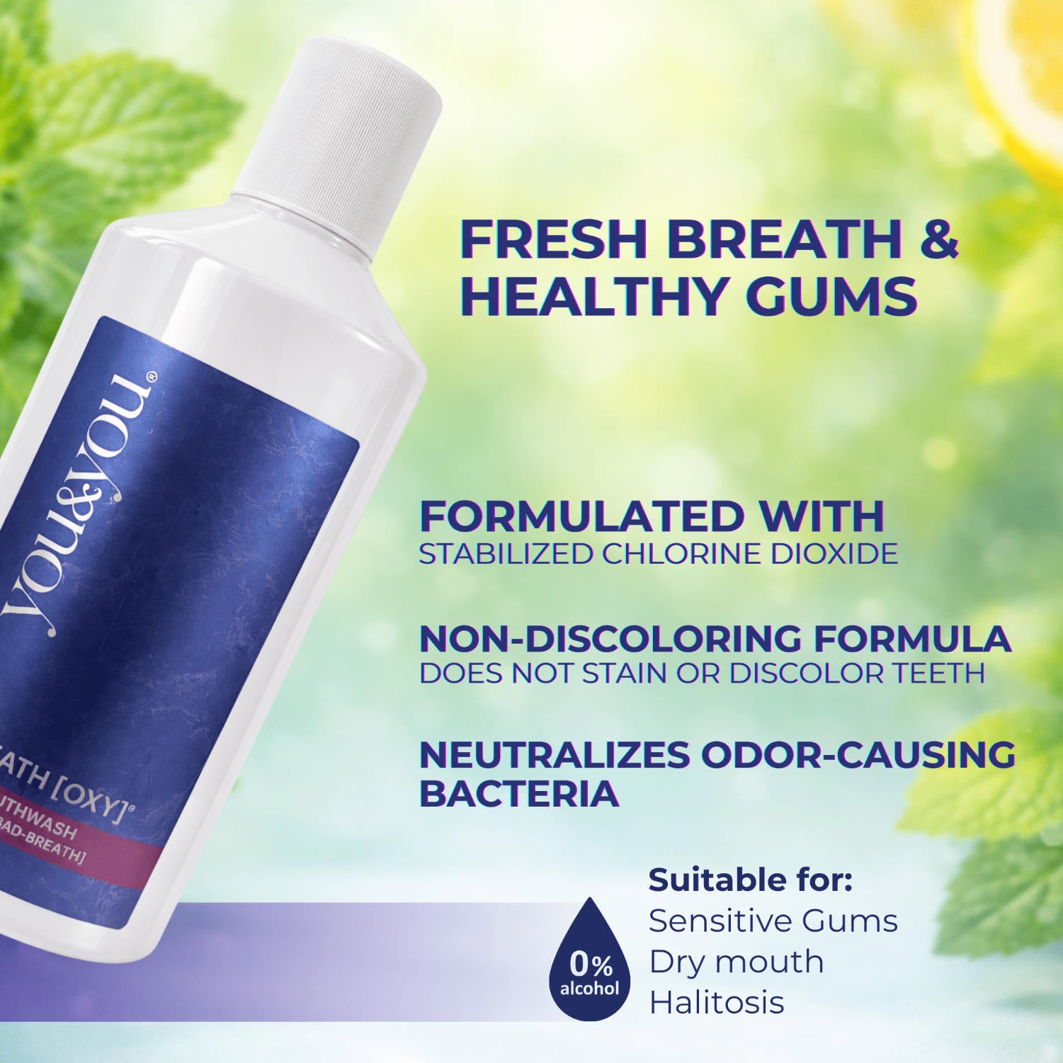 Bottle of mouthwash with text highlighting benefits on a green blurred background